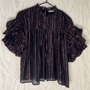 Ulla Johnson Midnight Blue & Gold Metallic Stripe Ruffle Top Size: 4